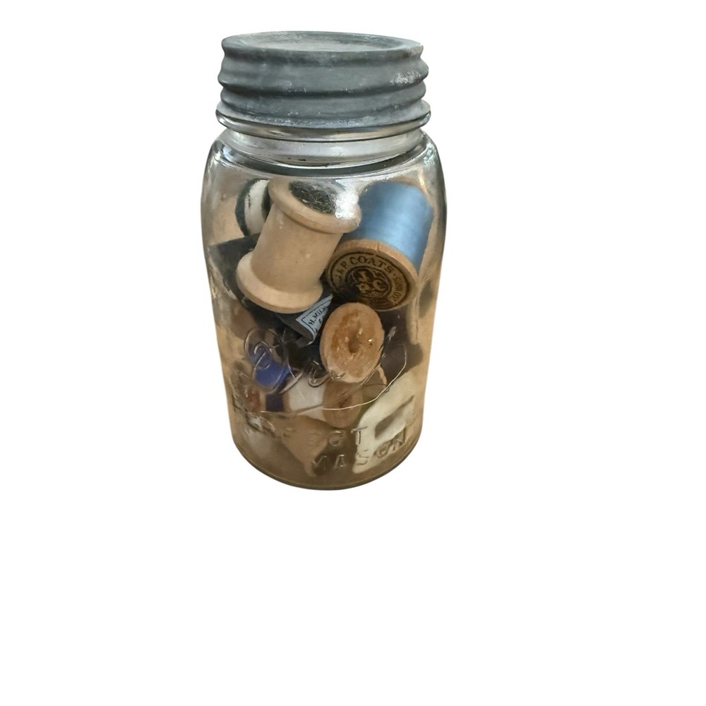 Vintage Drey Mason Jar Zinc Lid 25 Wood Thread Spools J&P Coats Sewing Notions